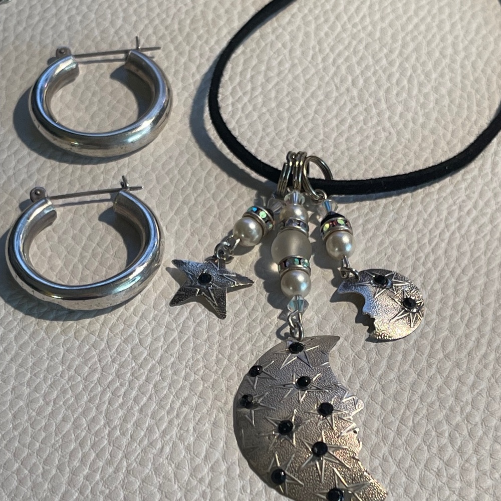 Interchangable  Hoops and Necklace Set, Stamped Stars and Moons ,Sterling & Jet